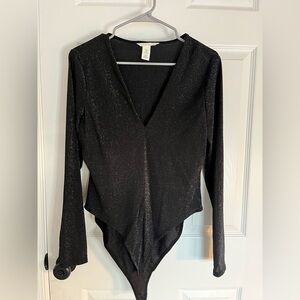H&M Black Glitter Long Sleeve Bodysuit – Size L